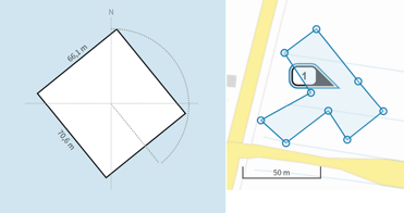 Links weergave envelop, rechts ingetekend gebouw op de kaart