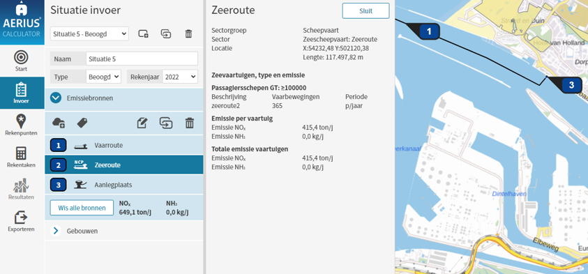 Screenshot invoer zeescheepvaart en kaartbeeld