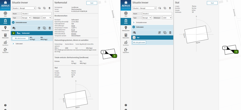 screenshot links detailinformatie emissiebron en rechts detailinformatie gebouw