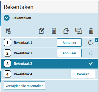 Een voorbeeld van de verschillende iconen in het menu Rekentaken. Aan de rechterkant staan van boven naar onder de iconen wachtrij, spinnewiel en vink. De gebruiker heeft rekentaak 4 nog niet gestart