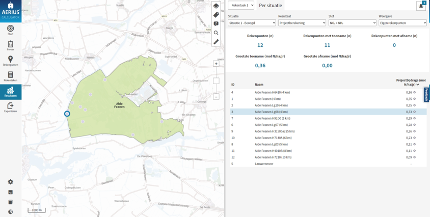 Weergave van rekenresultaten op eigen rekenpunten in AERIUS Calculator. Rekenpunt 3 is geselecteerd in de tabel en licht op in de kaartweergave