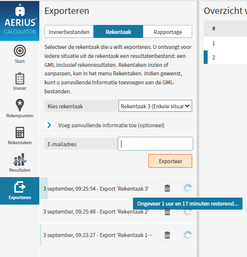 Screenshot export: Blauwe balk geeft percentage aan en hoveren over het spinnewiel geeft tijdsindicatie