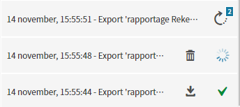 Voorbeeld van de status in het middenpaneel van het menu Exporteren. Daaronder staan aan de links exports 1 tot en met 3. Achter de exports staan aan de rechterkant verschillende iconen. Deze staan boven de figuur uitgelegd.