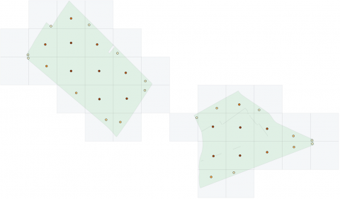 illustratie twee oppervlaktes, rasters en emissieverdeling middelpunten