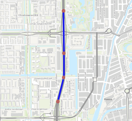 screenshot kaart met ingetekende weg met meerdere segmenten