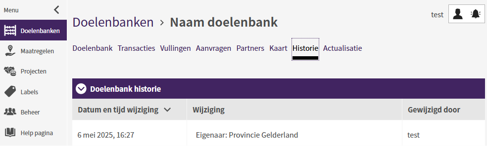 Een schermafdruk van het tabblad: Historie.