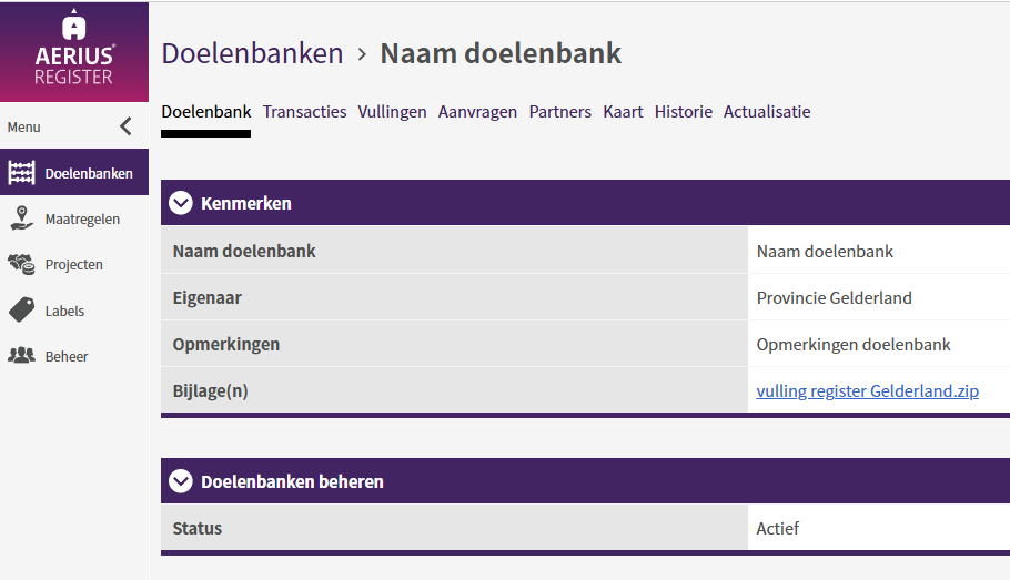 Een schermafdruk van de verschillende tabbladen in het menu-onderdeel Doelenbanken. De beschikbare tabbladen zijn: Doelenbank, Transacties, Vullingen, Aanvragen, Partners, Kaart, Actualisatie en Historie.