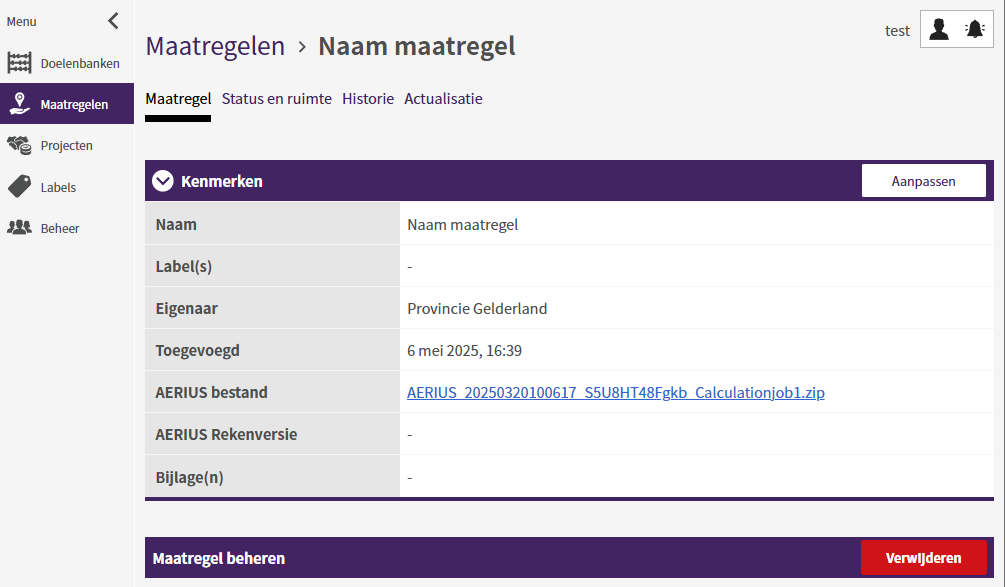 Een schermafdruk van het Maatregelen tabblad.